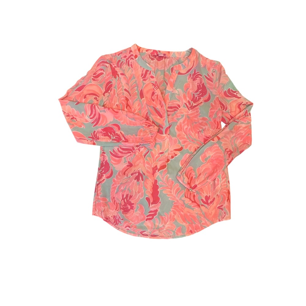 Lilly Pulitzer Pink Blue Floral Palm 100% Silk Split Neck Blouse Top RN88189